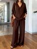 Women's Relaxed Long Sleeve Two Piece Matching Set Commuter V Neck T Shirt Wide Leg Pants Linen Co Ord