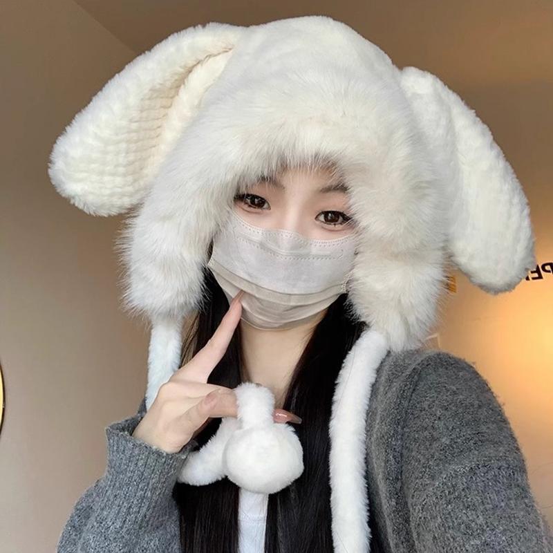 Cute Rabbit Ear Plush Warm Hat for Women Soft Faux Fur Ear Protection Beanies Cap Korean Girl Solid Color Windproof Snow Caps