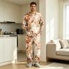Men's Pajama Set Long Sleeve Top and Long Pants with Button Crotch and Elastic Drawstring Waist for Home Loungewear