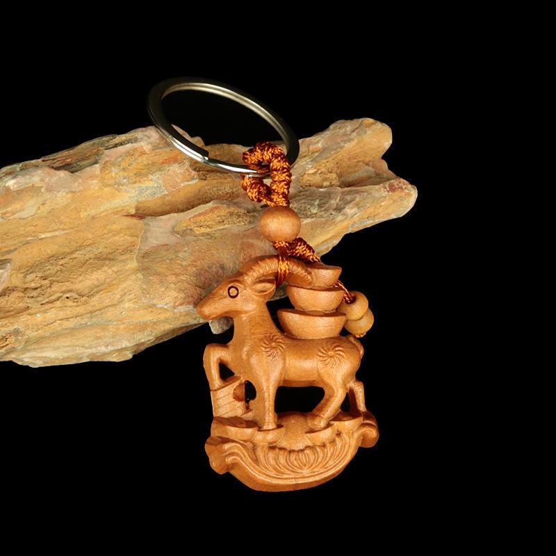 Peach & Jujube Wood Zodiac 3D Keychain: High-End Guardian Amulet Jewelry.