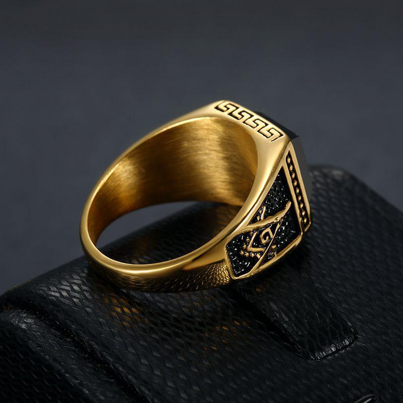 Men's Classic Retro Freemason Ring: Gold-Plated Black Agate on Titanium Steel