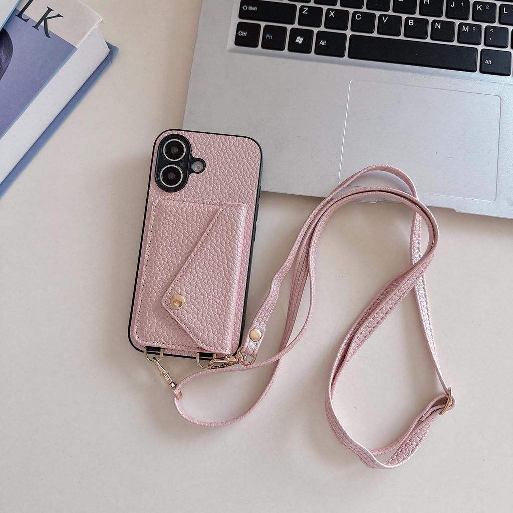 iPhone 17 Case: Lychee Pattern Leather Crossbody Lanyard Card Holder Protective Case for Apple 14 Pro