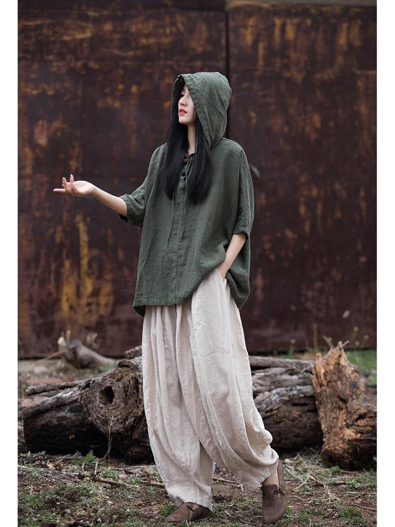 Ramie Cotton Distressed Patchwork Lantern Pants - Women's Spring/Summer Pumpkin Long Pants