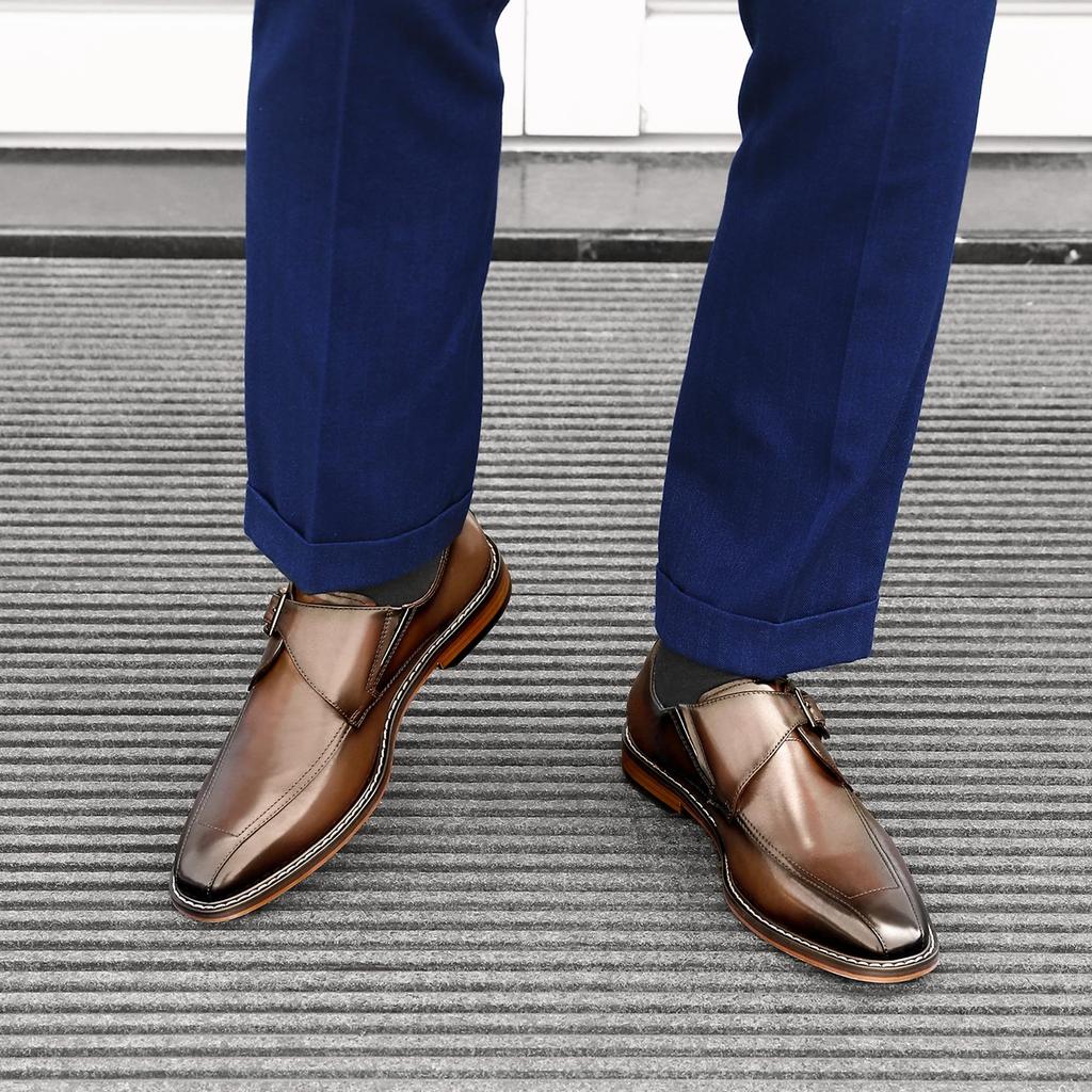 Foxsense Leather Dress Genuine Monk Straight Lightweight and Size Men's Shoes, Leather, Strap, Tip, Luxury, Waterproof, Formal, Brown, 26.5cm,
