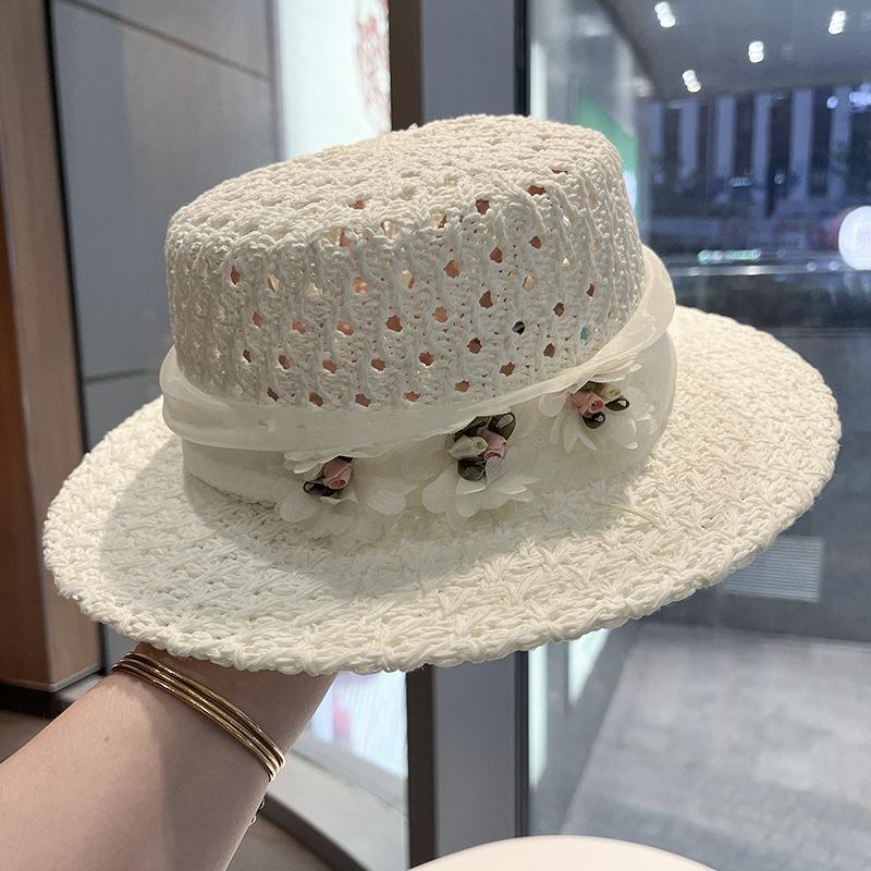 French Hollow Flower Elegant Flat Hat Summer Seaside Breathable Wide Brim Sun Hat Sun Hat Beach Straw Hat