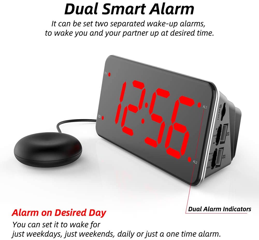 LED Loud Alarm Clock with Bed Shaker for Heavy Sleepers, Deaf and Hard of Hearing,2 USB Charger Ports, 7-Inch Display,