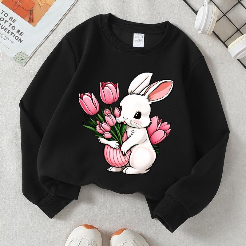 Kids Crewneck Sweatshirt, Cute White Rabbit Holding Pink Tulips Bouquet Print, Soft Casual Pullover for Fall Winter