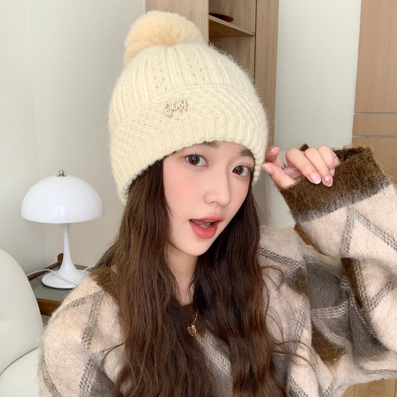 Korean New Autumn and Winter Hat for Women's Winter Household Warm Knitted Wool Hat Letter Diamond Mark Warm Ear Protection Head Hat