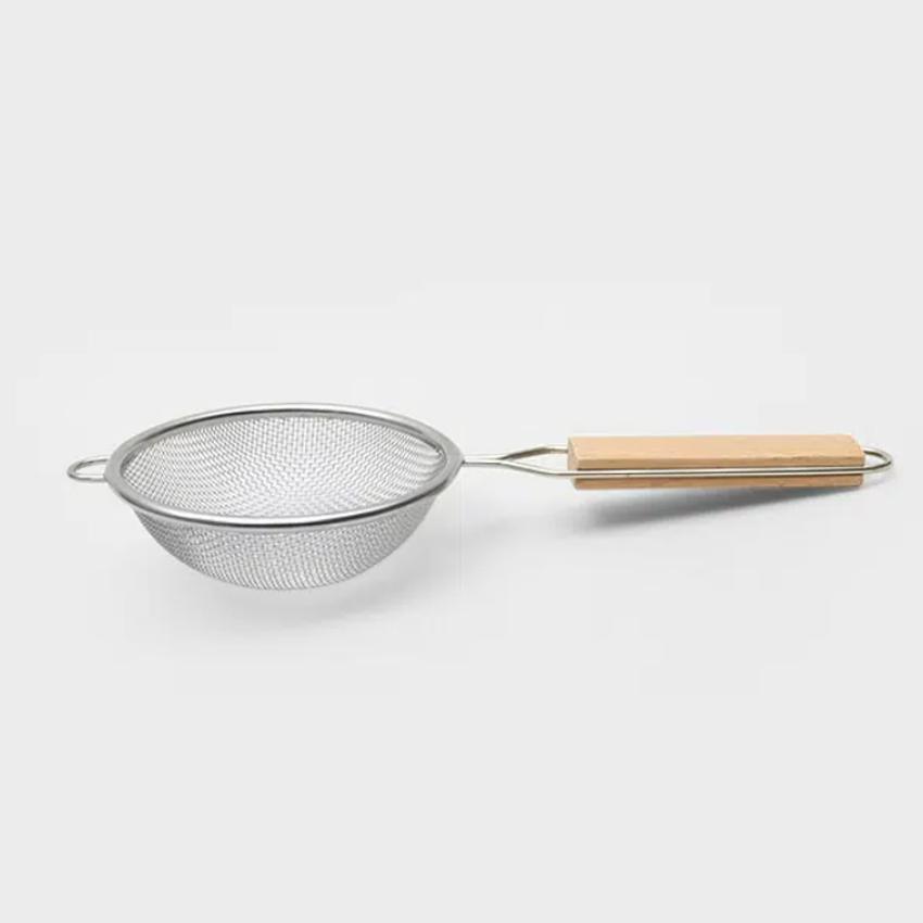 Stainless Steel Wide Wood Handle Mini Strainer (9.5cm) Silver