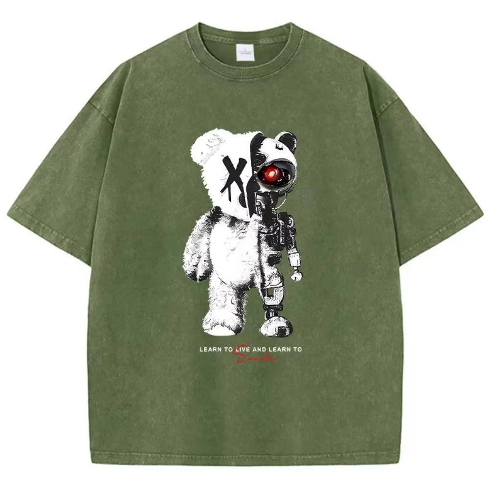 Cartoon Machine Bear Print Tshirts Casual Breathable Street Sweat Summer T-Shirts Personality Loose Cotton T Shirt For Men