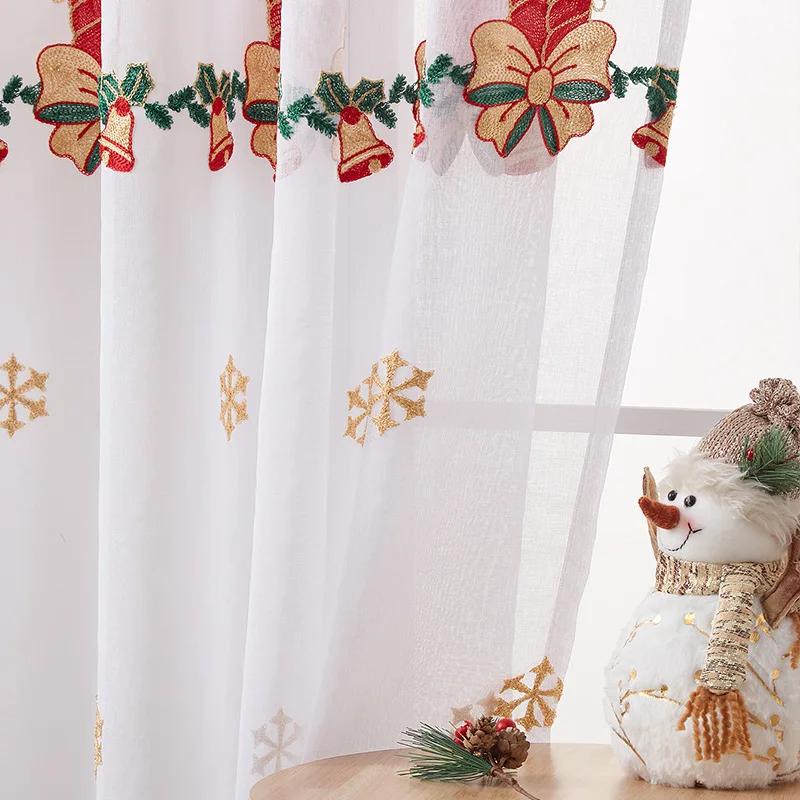 Window Screen Sheer Yarn Decorative 1PC American Christmas Tulle Curtains for Living Room Snowflake Embroidered
