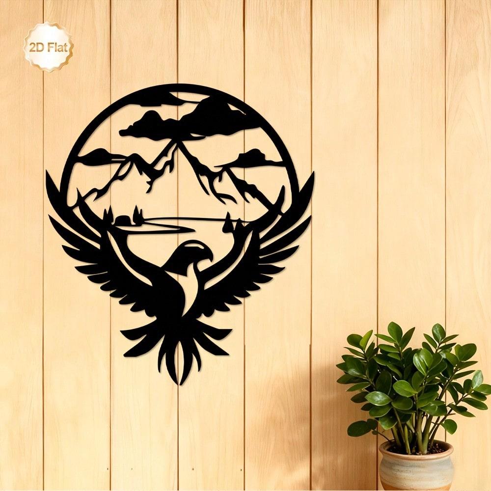 Eagle With Open Wings Metal Wall Art, 2D Flat Iron Lake Trees Scene Sculpture For Home Office Decor