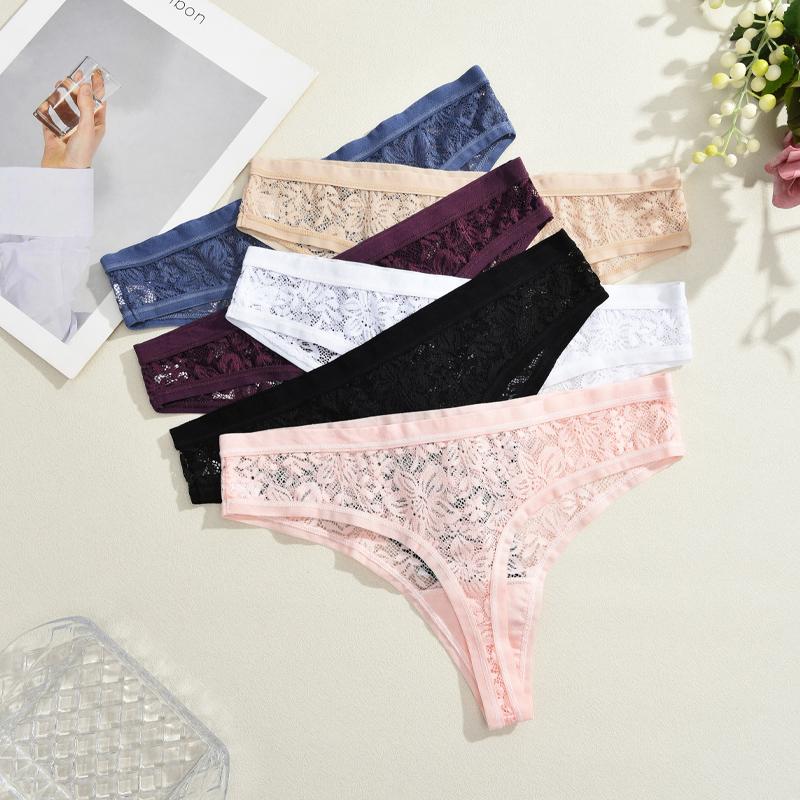 4Pcs Lace Hollow Out Thongs Underwear Women Floral Print Panties Sexy Low-Waist G-String Girls Soft Perspective Lingerie