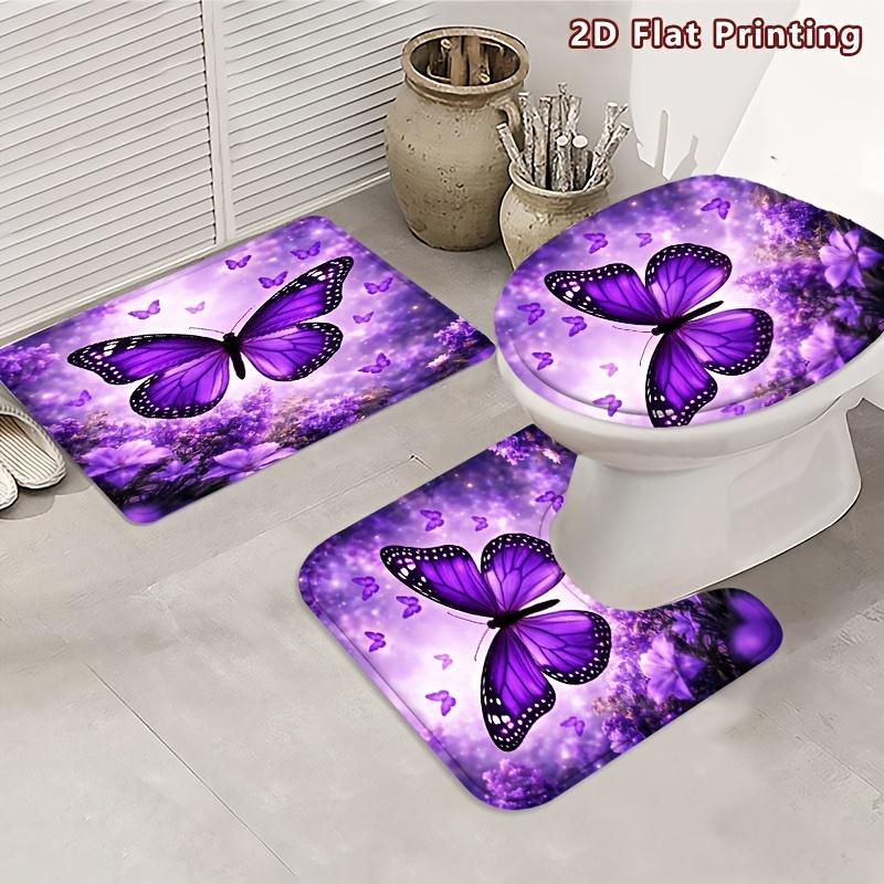 4Pcs Purple Butterfly Shower Curtain Set with Non-Slip Bath Mat, Toilet Lid Cover, Contour Rug & 12 Hooks, Bathroom Decor
