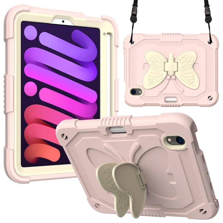 For iPad Mini 6 / Mini 2024 Beige PC + Silicone Anti-drop Protective Tablet Case with Butterfly Shape Holder & Pen Slot