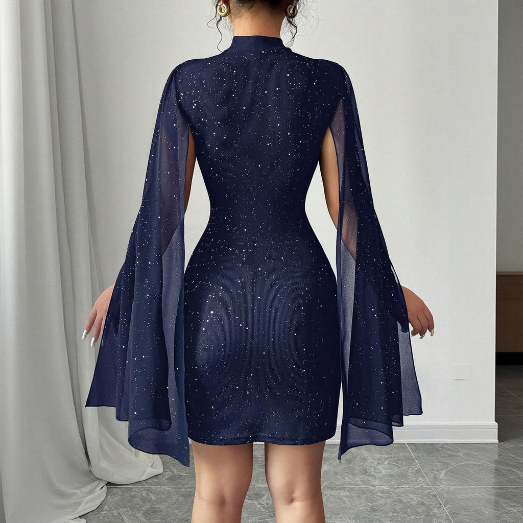 Womens Summer Round Neck Ribbed Pearl Chiffon Cape Bodycon Dress Elegant Slim Fit Mini Dress