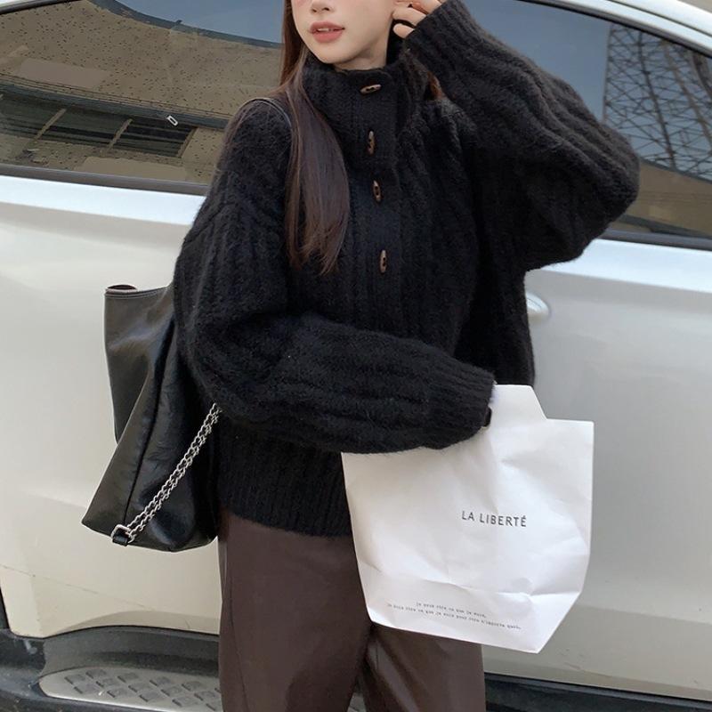 

Свитер с воротником-стойкой на пуговицах-рожках, женский, зимний, теплый, в рубчик, универсальный топ, пальто в стиле Mallard One Size чёрный