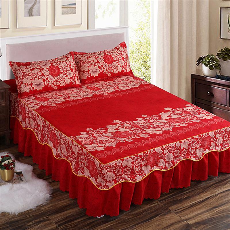 3PCS Bed Skirt Flower Printed Fitted Sheet Cover Home Graceful Bedspread Bed Linens Bedroom Decor Mattress Cover Pillowcase