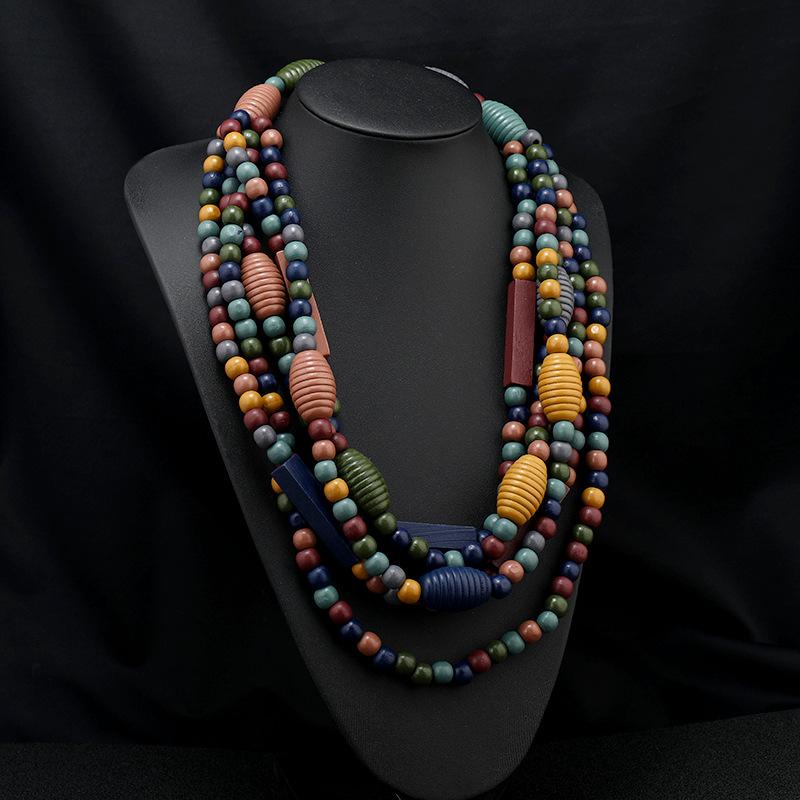 Vintage Morandi color wood bead necklace female personality exaggerated bohemian vacation stage accessories