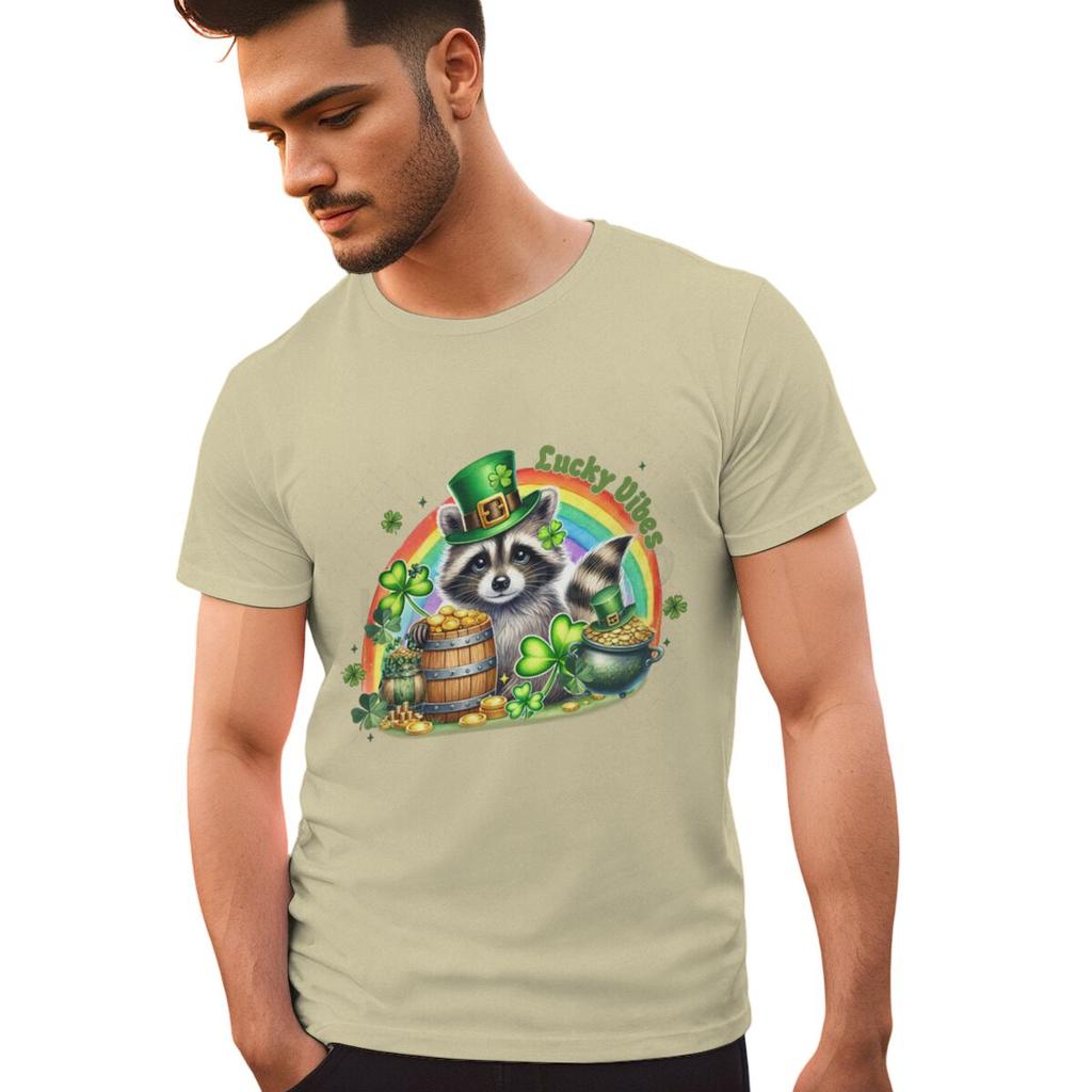 St Patricks Day Raccoon Shirt Lucky Vibes Short Sleeve Round Neck Tee Cartoon Lucky Raccoon St Patricks Day Unisex TShirt