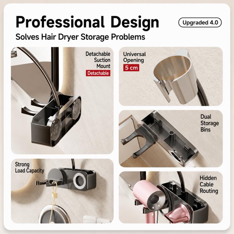 No-drill Suction Cup Bathroom Hair Dryer Holder Storage Wall-mounted Rack