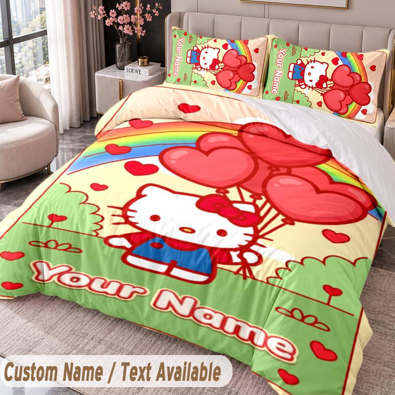 Custom Name Text 3Pcs Bedding Set Hello Kitty Duvet Cover And Two Pillowcases