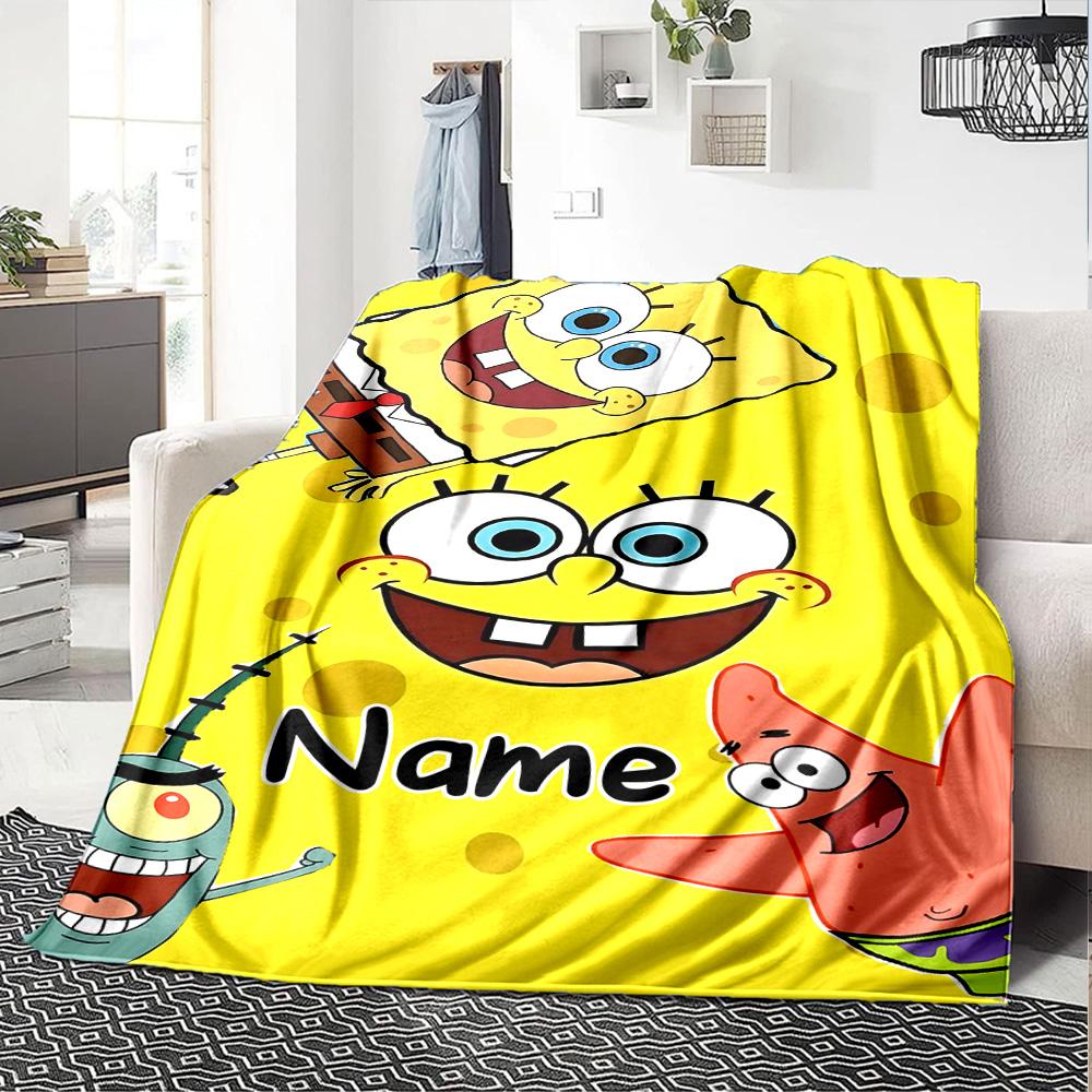 Custom Name Spongebob Friends Flannel Blanket for Super Soft Cute Comfort Blanket for Travel Bedding Couch Sofa Blanket