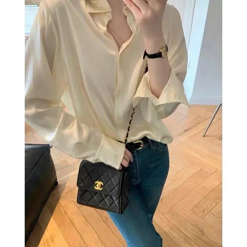 Fashion Satin Silk Long-sleeve Loose Shirts Autumn Office-lady Women French Bottoming Tops Design Shirts Clothes Blusas 29830