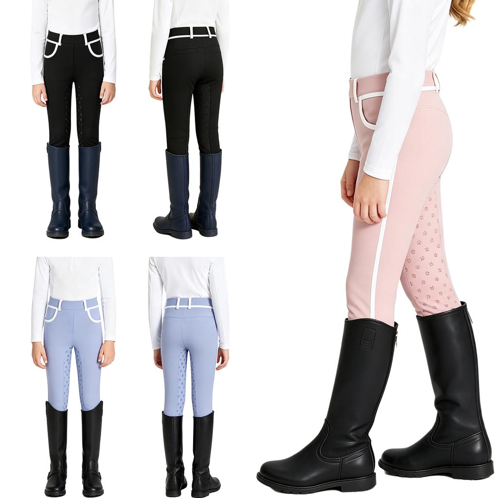 Pantaloni da equitazione antiscivolo a seduta intera per bambine e ragazze, con finiture a contrasto, leggings equestri con tasche e passante per cintura per allenamento e competizione