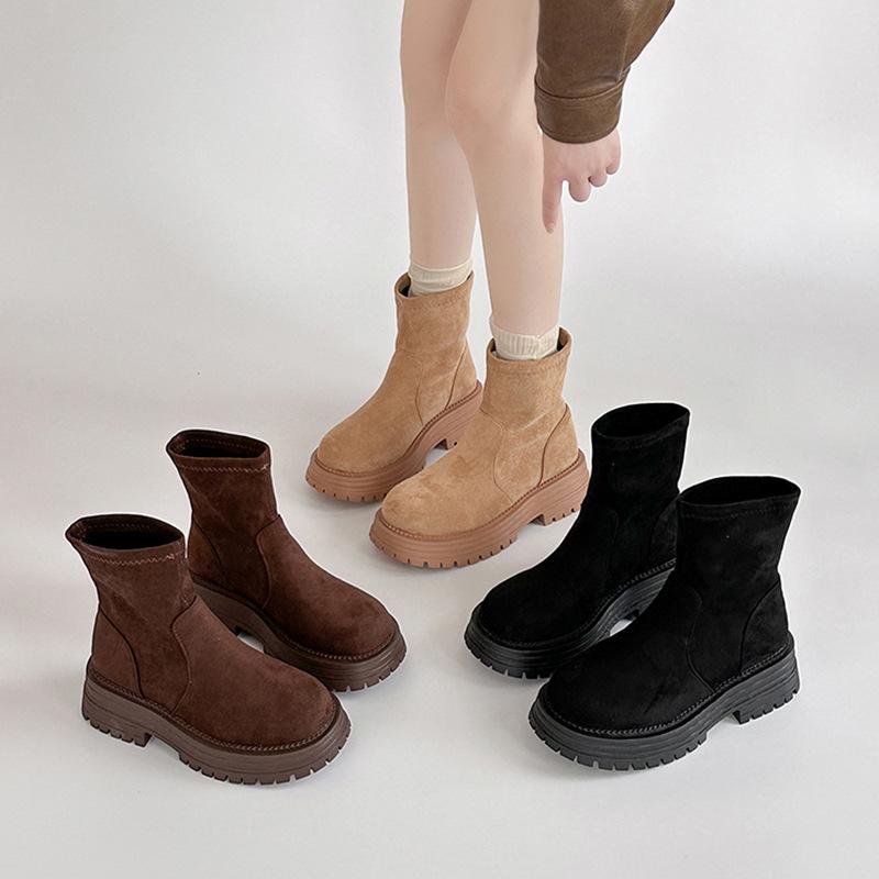 Fashion versatile round head thick-soled short boots children's 2025 autumn and winter new solid color suede heightened and thin Martin boots