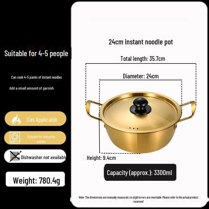 Zlatý korejský ramen hrnec z nerezové oceli s poklicí - dvojité uši, zesílené, ideální na nudle, polévku nebo malé horké hrnce.