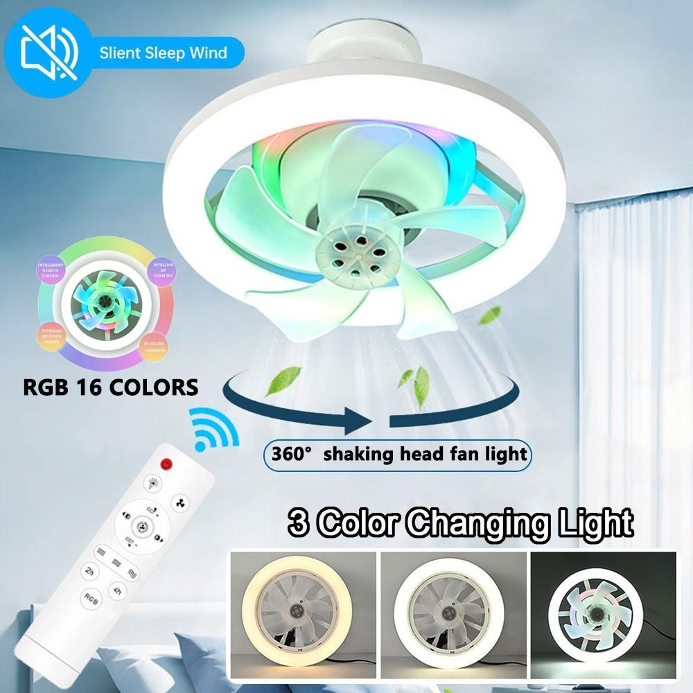 48W E27 360 ° Shaking Head Fan Light Remote Control Ceiling Chandelier Fan Automatic Household Small RGB Ceiling Fan Lamp