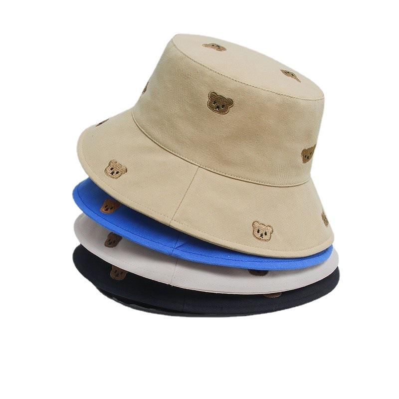 Korean-style bear fisherman hat for women, summer casual outdoor embroidered cartoon bucket hat, makes the face look smaller, sun protection sun hat