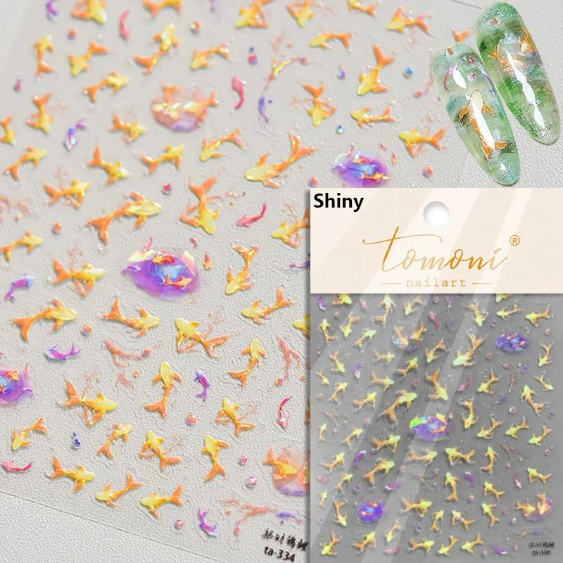 Red Brocaded Carp Koi Cyprinidae Auspicious Fish Spring Flower 5D Nail Art Stickers Fresh Vibrant Relief Adhesive Manicure Decal