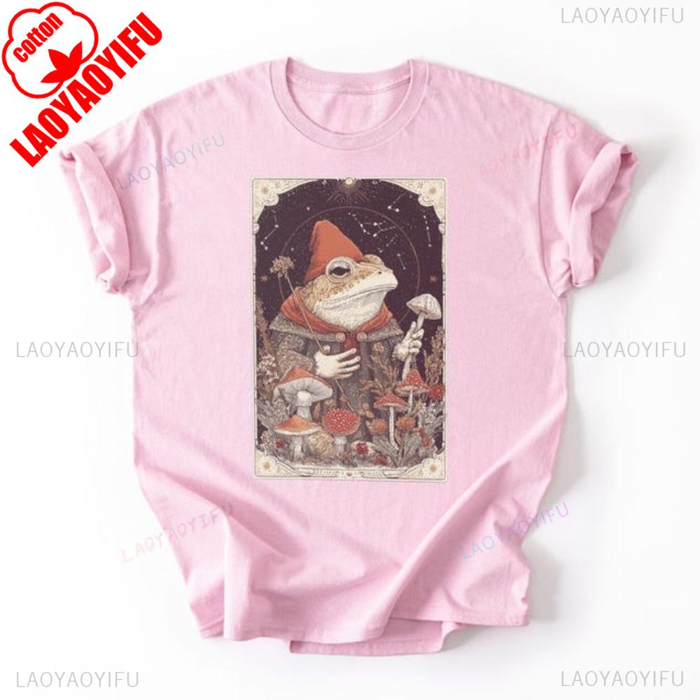 Frog Wizard and Mushroom Tarot TShirt Mystical Spirit Animal Print Shirt Creative Design Unisex Tshirt Men Women Vintage Tee
