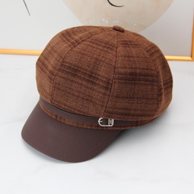 Vintage plaid woolen octagonal hat female autumn and winter face small leather brim newsboy hat British belt buckle painter beret
