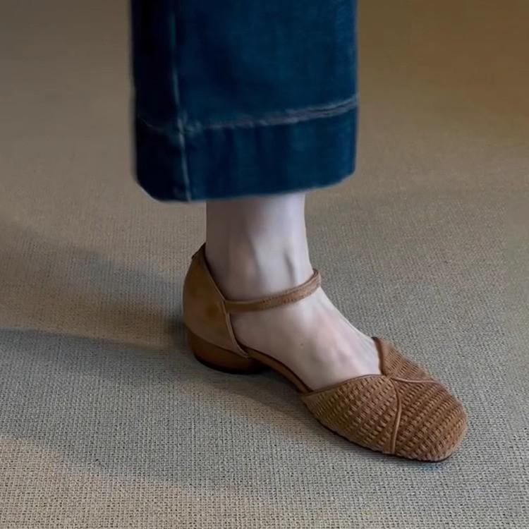 Sheepskin Version~ Retro Cute Bag Head Shoes Women's Summer Low Heel Leather Round Head Bohemian Style Word with Sandals