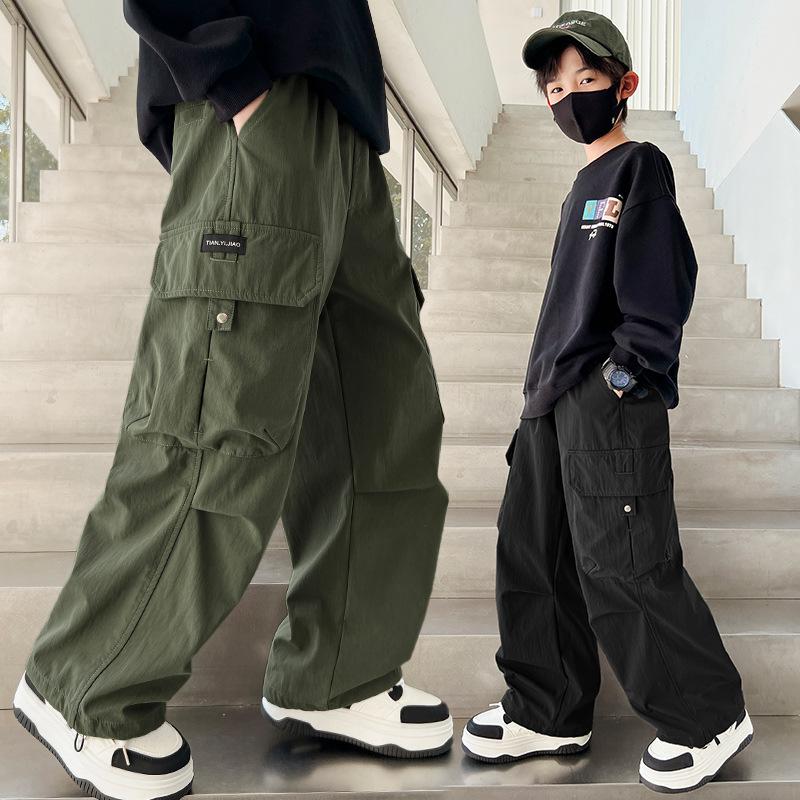 Calças de perna larga Calças de dança de rua Calças retas casuais para meninos Calças infantis com bolsos laterais Calças cargo infantis Calças hip hop