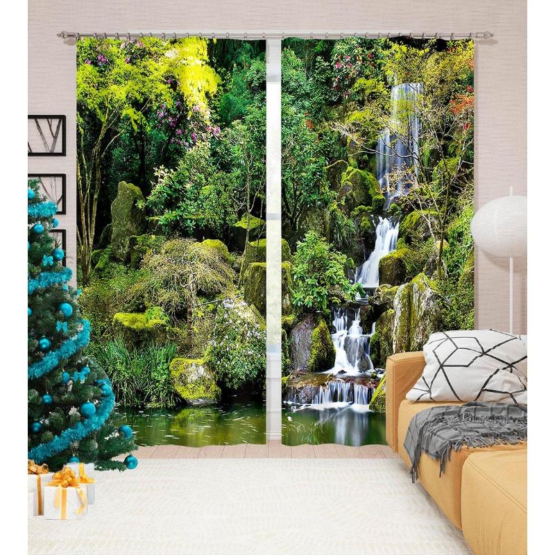 Bäume, kleine Brücken und fließende Wasservorhänge für Wohnzimmer, Schlafzimmer, einfache, moderne Schattierungsvorhänge, Heimfenster, individuell gestaltet