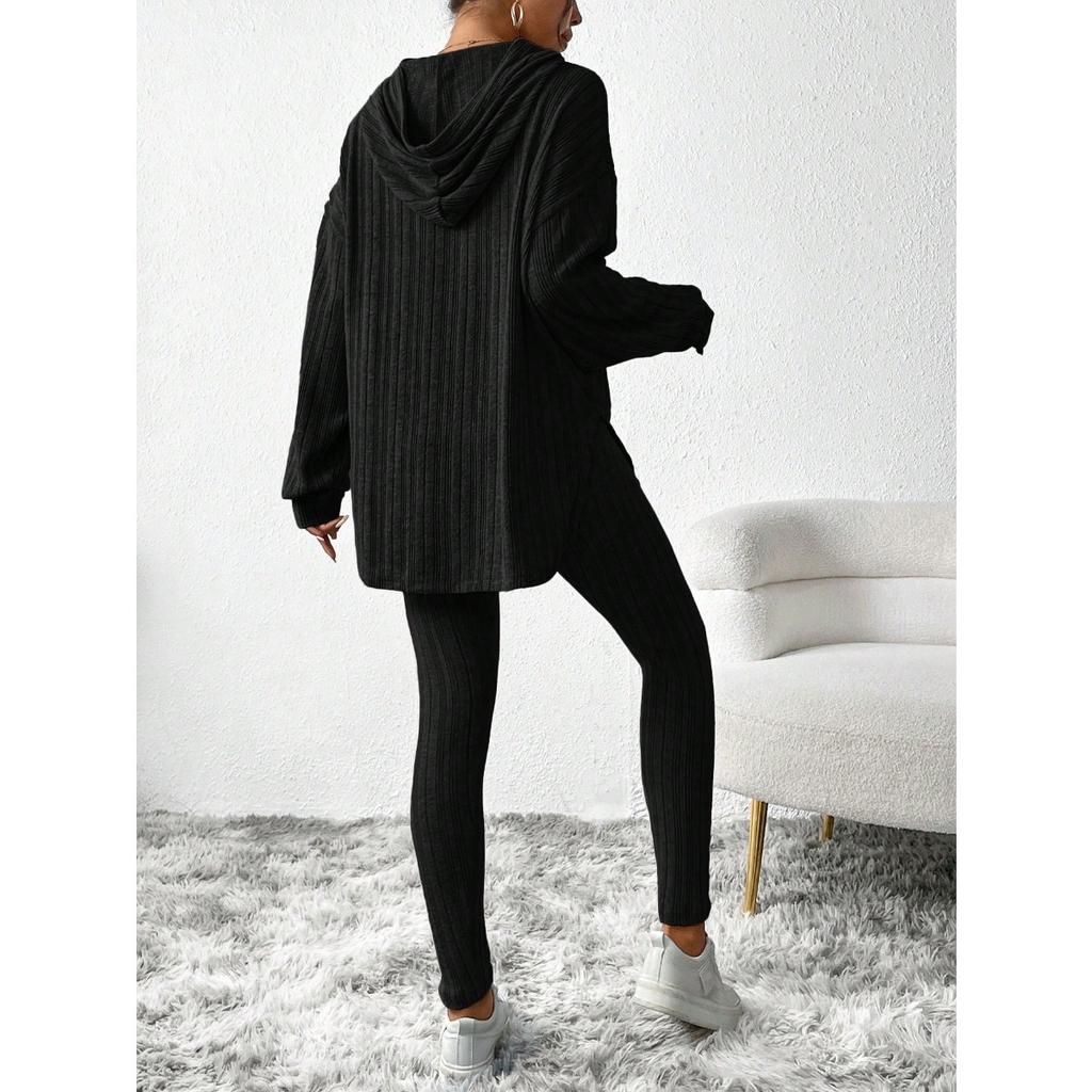 Fall Winter Women's Ribbed Knit Loose Hooded Long Sleeve Top + Pants Matching Set Casual Outfit