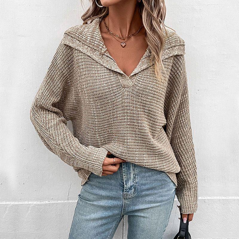 

2023 Fashion Women s Solid Color Casual Polo Sweater Sweater Khaki L