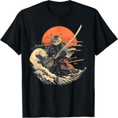 Samurajská kočka Grafické tričko Válečník Vintage japonské umění Anime tričko pro muže ženy dívky děti