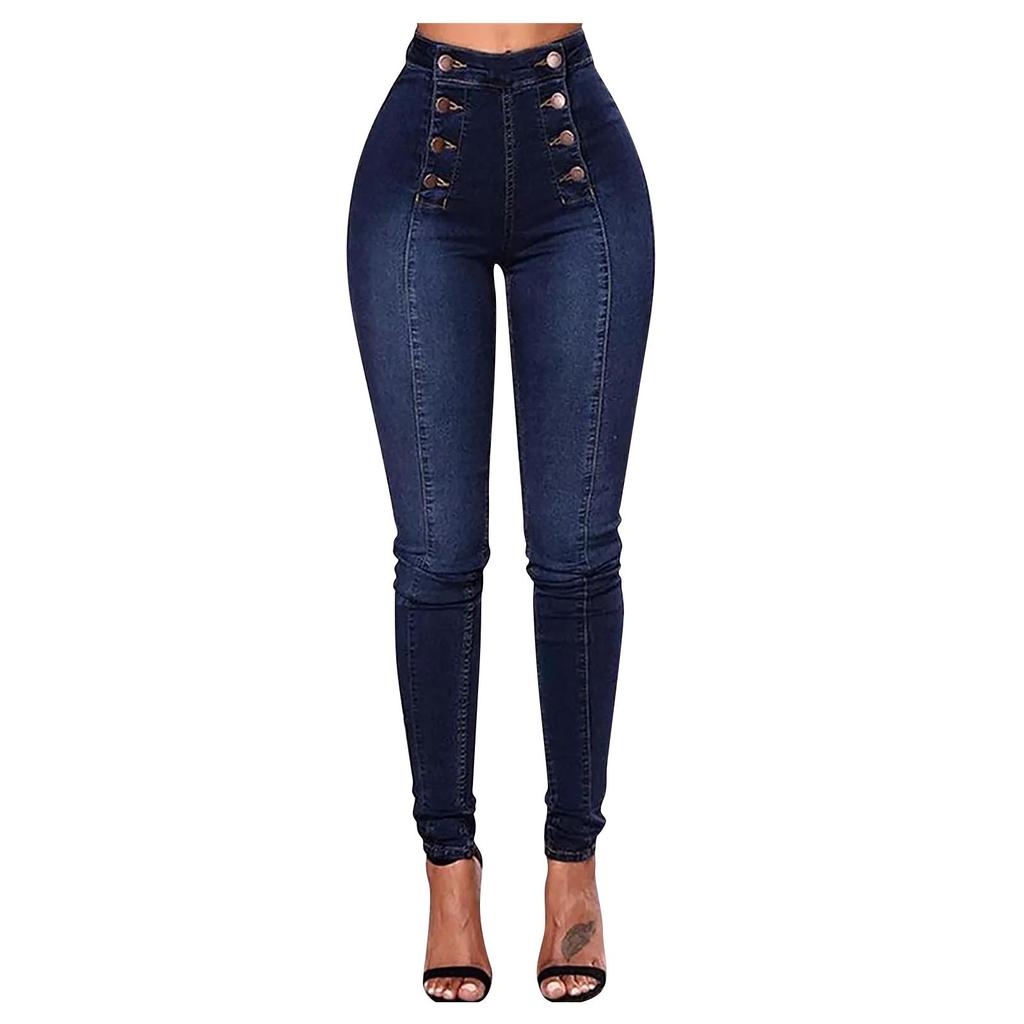 Summer Women's Button Slim Front And Back Pocket Zipper Design Leggings Leg Work Pants Denim Trousers