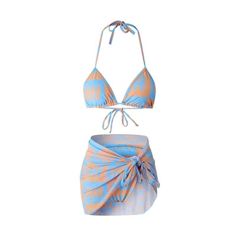 

Женский сексуальный купальник-бикини из 3 предметов с цветочным принтом, глубоким V-образным вырезом, открытой спиной, бюстгальтер и трусики с шарфом-накидкой, пляжная одежда L