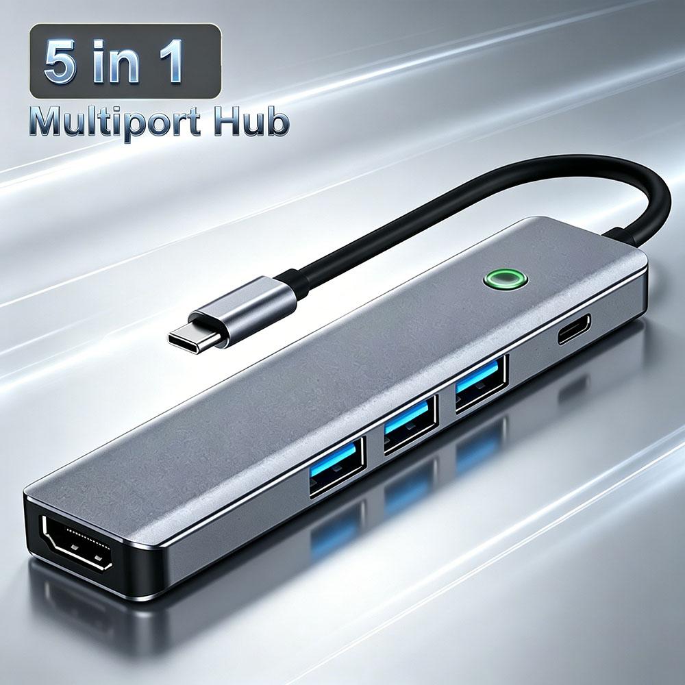5 in 1 Multiport USB C Hub,4K@30Hz HDMI-Compatible,100W PD,USB3.0 5Gbps Portable Type C Adapter for Laptop MacBook Notebook PC