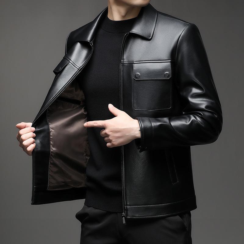 Men's leather jacket autumn casual coat new PU leather jacket velvet fashion lapel feeling men's top
