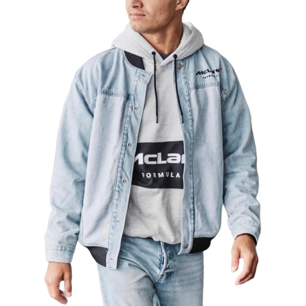Levis X McLaren Racing Collaboration FW24 McLaren Snap Button Ribbed Edge Logo Embroidered Casual Jacket Men jackets Light-Blue A89920000