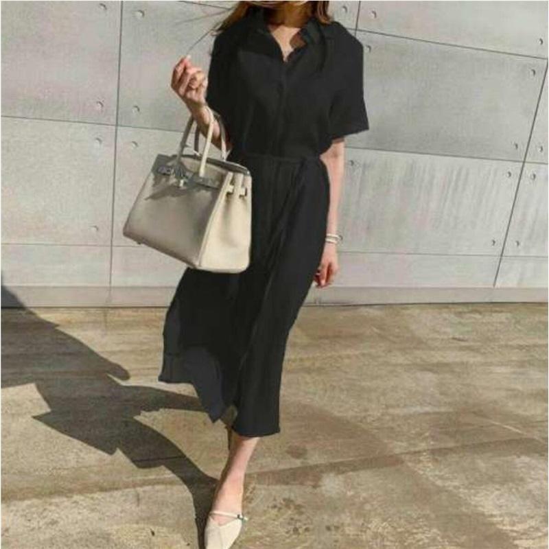 Women s Linen Shirt Dress Short Sleeve Lapel Drawstring Waist Midi Casual Summer Dress L чёрный