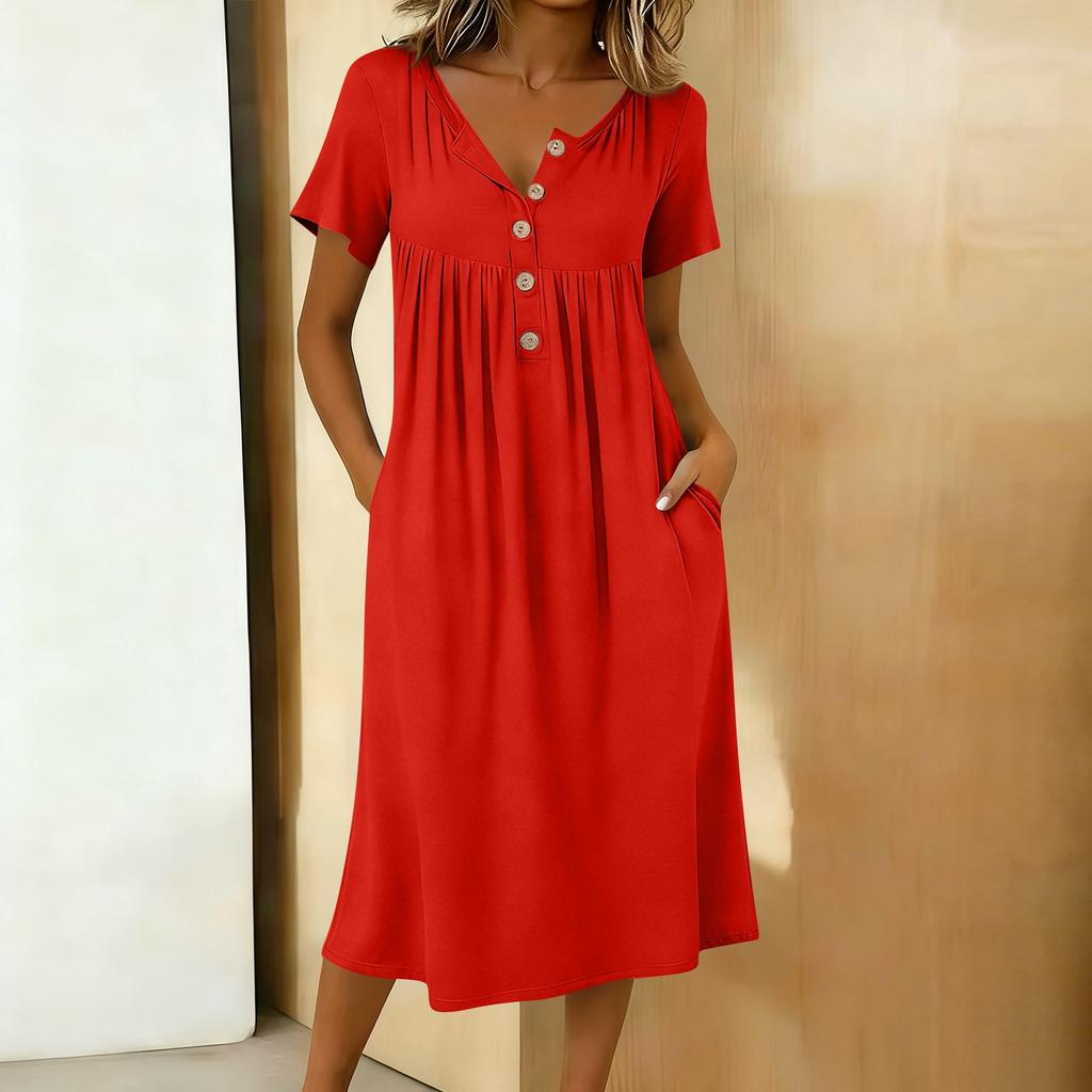 Women's Fashionable Color Round Neck Short Sleeved Button Neck Mid Length Casual Dress