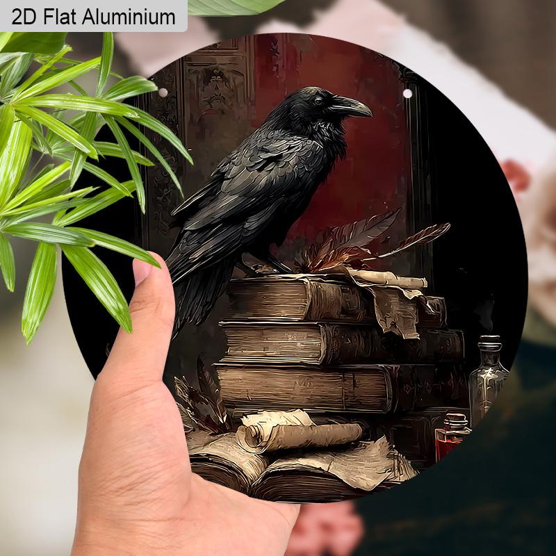 2D Flat Aluminium Retro Halloween Sign with Black Crow Pattern - Halloween Figurine Ornaments - Ideal for Front Door, Wall, Porch, Window Decor